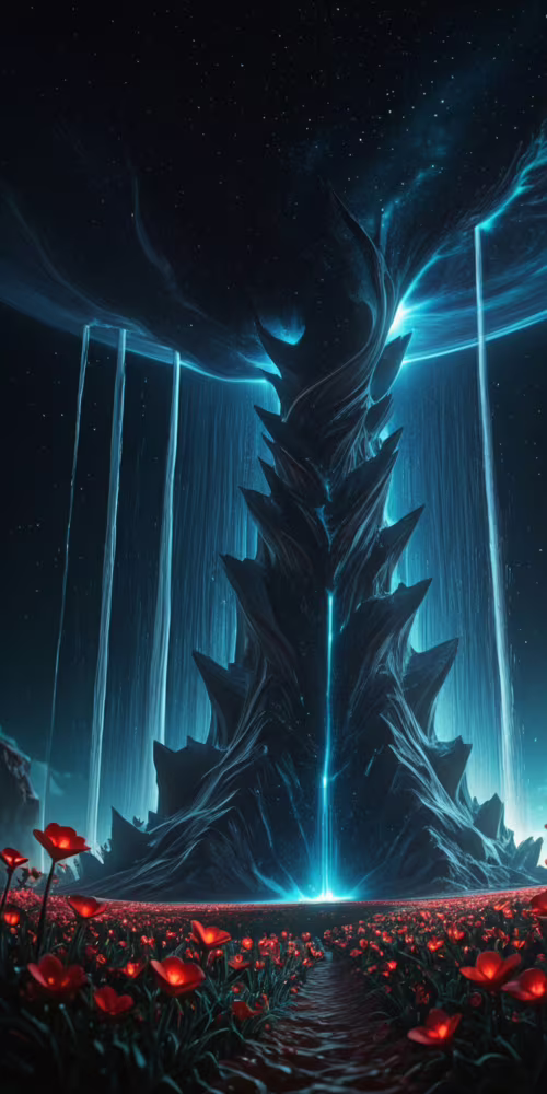 Сюрреалистичная фантастическая сцена, изображающая светящийся голубой водопад, струящийся...