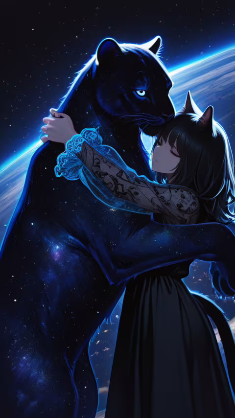 Анимешная девушка-кошка с короткой черной прической и длинным черным платьем с полупрозрачными... Nokia Lumia 635