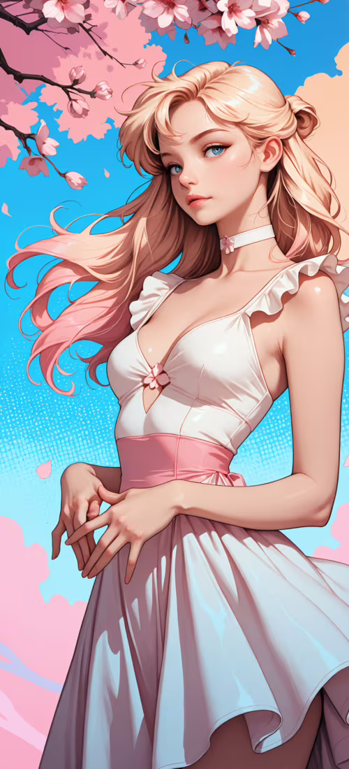 Молодая женщина с длинными светлыми и розовыми волосами и голубыми глазами, одетая...