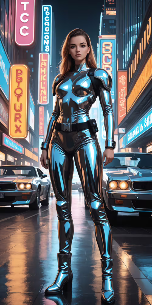 Полноформатная иллюстрация: женщина в футуристическом чёрно-хромированном боевом...