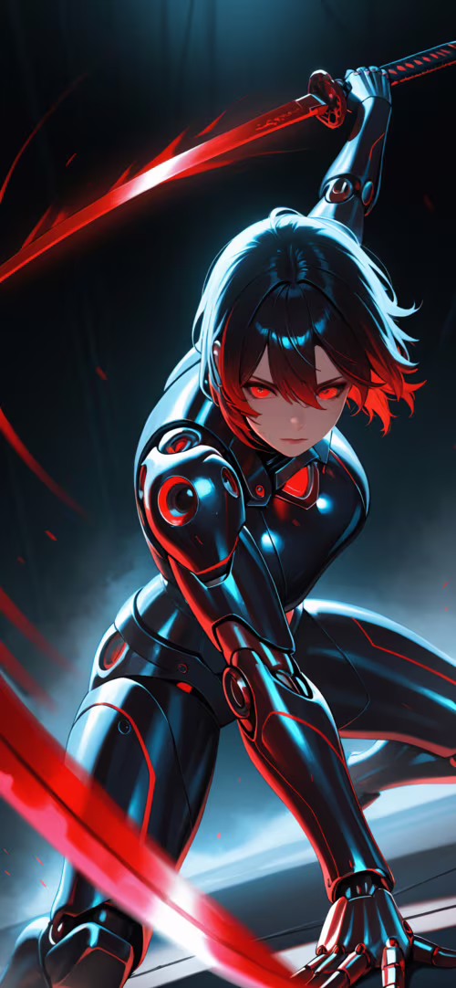 Женский киборг в стиле аниме, облачённый в тёмные футуристические доспехи, с светящимися...