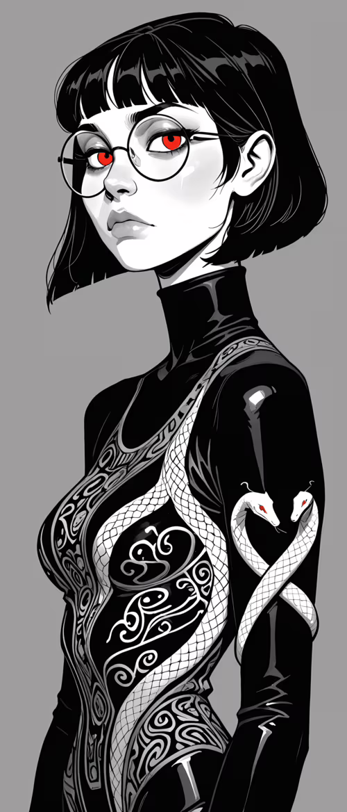 Графический портрет женщины с короткой чёрной стрижкой «боб», круглыми очками и пронзительными... Motorola Edge S