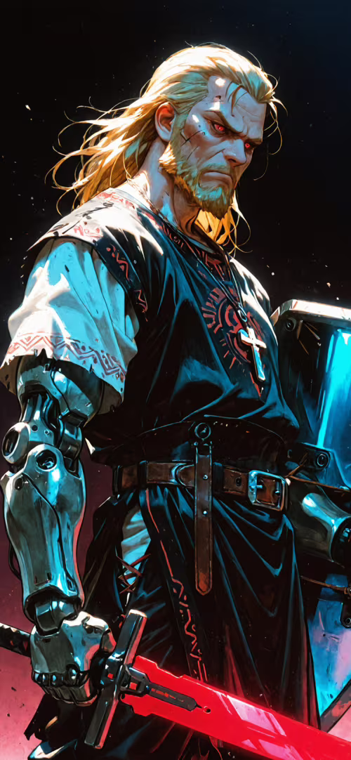 Цифровая иллюстрация светловолосого воина с бородой и светящимися красными глазами,...