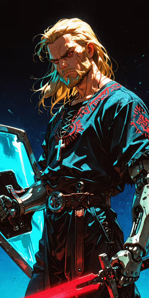 Цифровая иллюстрация светловолосого воина с бородой и светящимися красными глазами,... Alcatel 1 2021