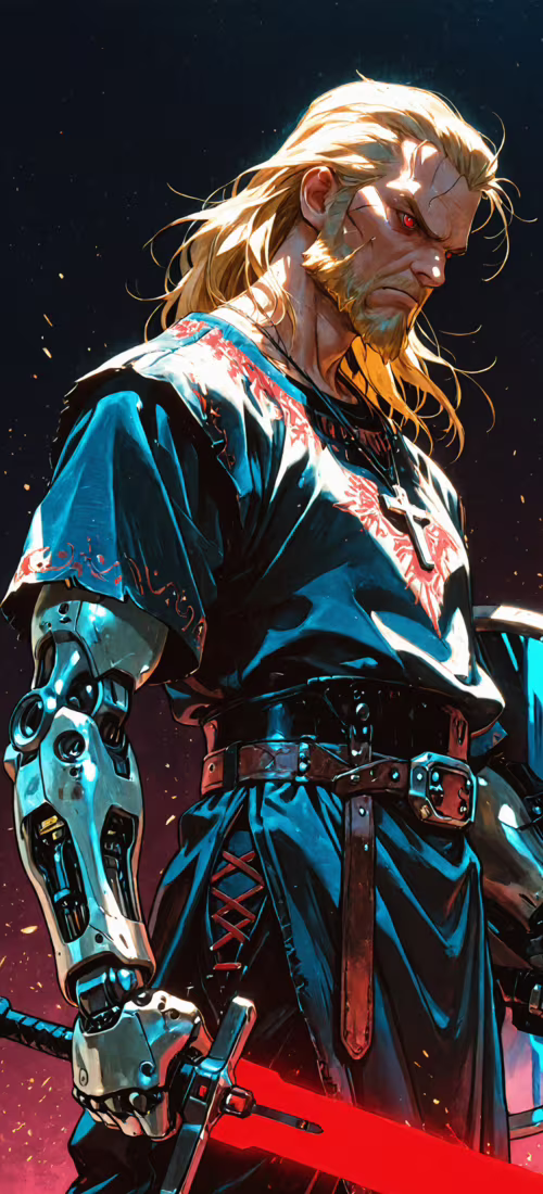 Цифровая иллюстрация светловолосого воина с бородой и светящимися красными глазами,... OnePlus 12R