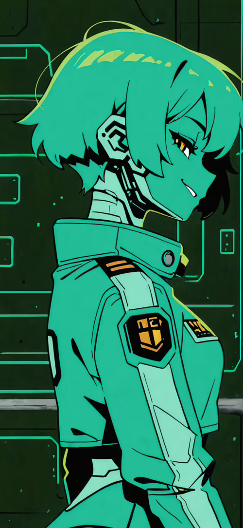 Иллюстрация в стиле аниме, изображающая женщину-киборга с короткой тёмной стрижкой,... Apple iPhone 11 Pro