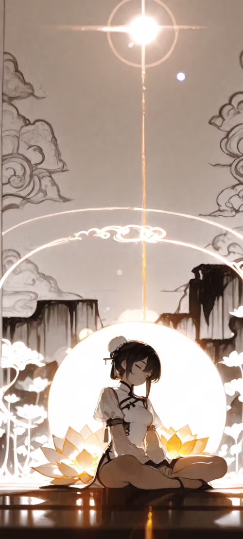 Аниме-девочка с белыми волосами, собранными в два пучка, сидит в позе лотоса в медитации.... Asus ZenFone 7