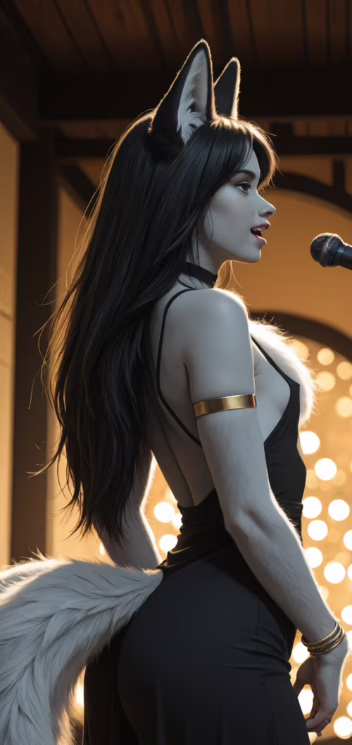 На сцене, под теплыми лучами прожекторов, стоит женщина с длинными черными волосами,... Nokia 5 dot 1 Plus