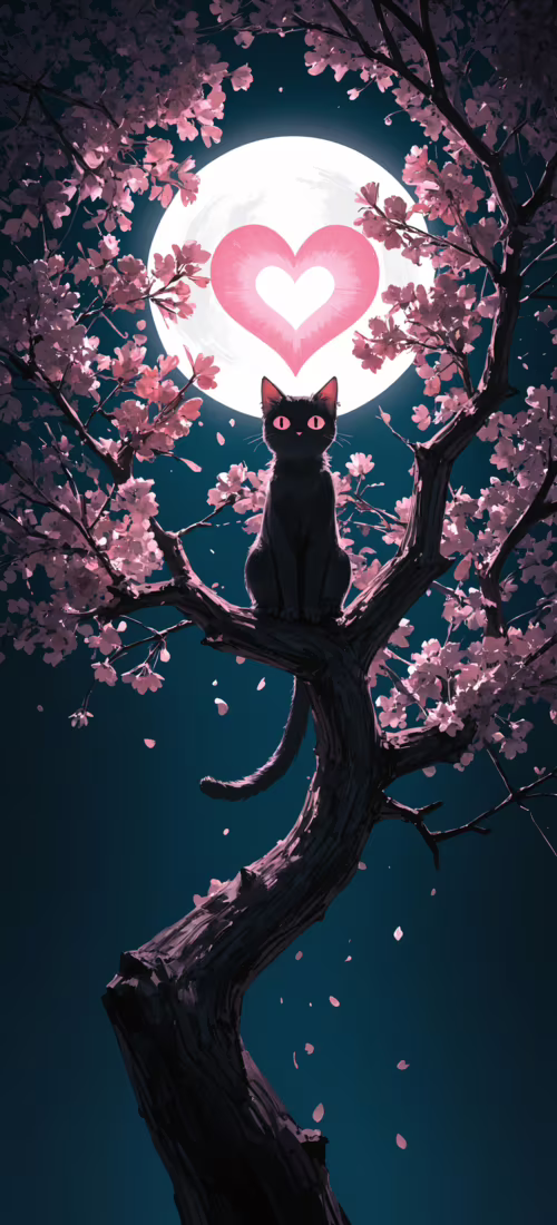 Чёрный кот с большими розовыми глазами и светящимся розовым сердечком на груди сидит... OnePlus 12R