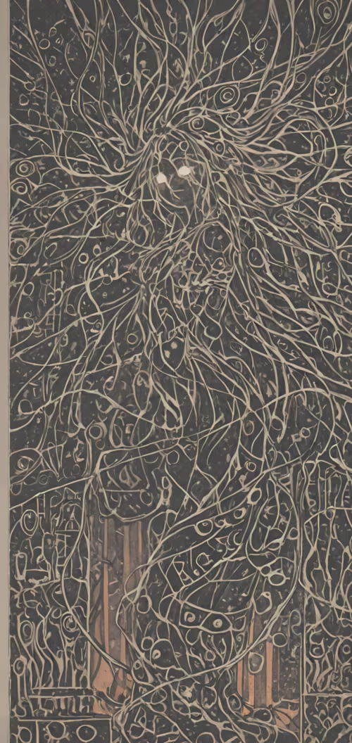 Абстрактная картина с темным фоном, на котором изображена густая, сложная сеть из... Nokia 5 dot 1 Plus