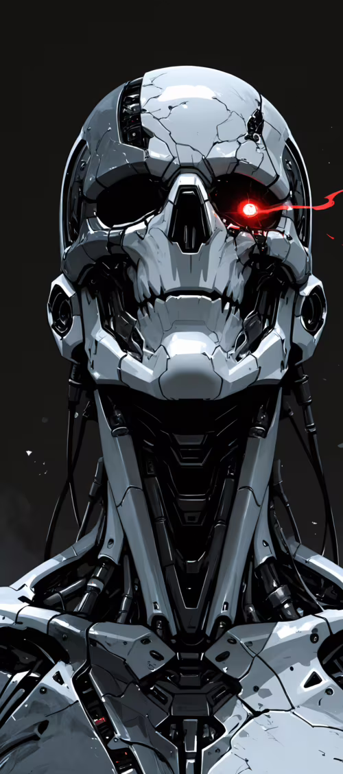 Фотография робота-скелета белого цвета, снятая спереди, с светящимися красными глазами... Infinix Zero 40 5G