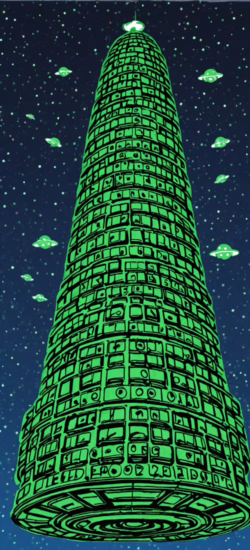 Большая, зеленая мультяшная летающая тарелка с светящимися желтыми огнями и антенной,... Huawei Nova 8i