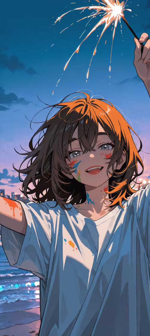 Молодая женщина с каштановыми волосами и ярким макияжем на лице держит над головой...