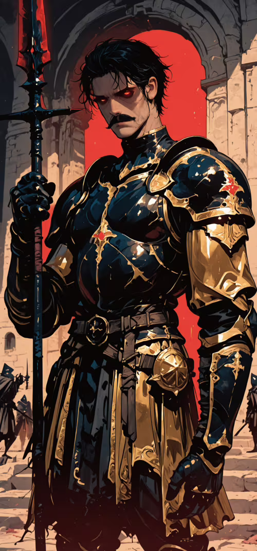 Мускулистый воин с темными волосами, усами и светящимися красными глазами, одетый... Huawei P30 Lite