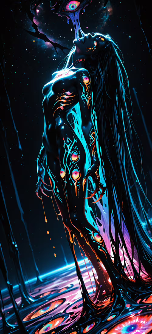 Высокое, стройное, потустороннее существо женской формы, состоящее из стекающей чёрной...