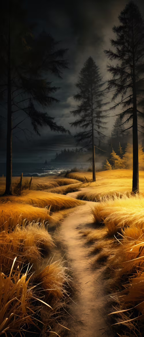 Живописное изображение просёлочной дороги, извивающейся среди золотистого поля высокой... Motorola Edge S