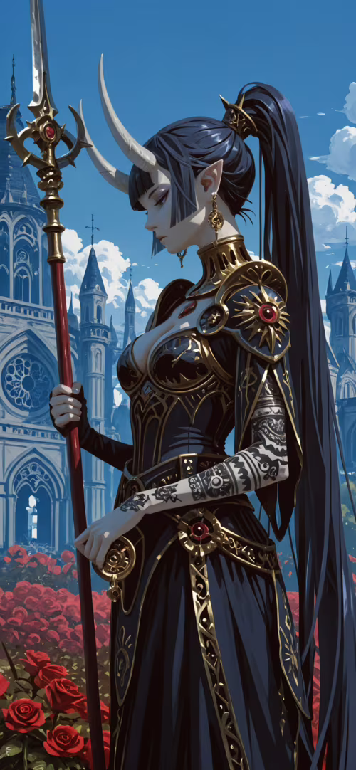 На иллюстрации изображена женщина с белыми рогами и эльфийскими ушами, одетая в богато...