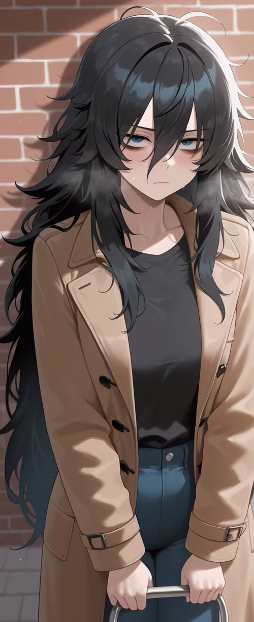 Девушка в стиле аниме с длинными, растрёпанными чёрными волосами и усталыми голубыми... Samsung Galaxy Z Flip 5G