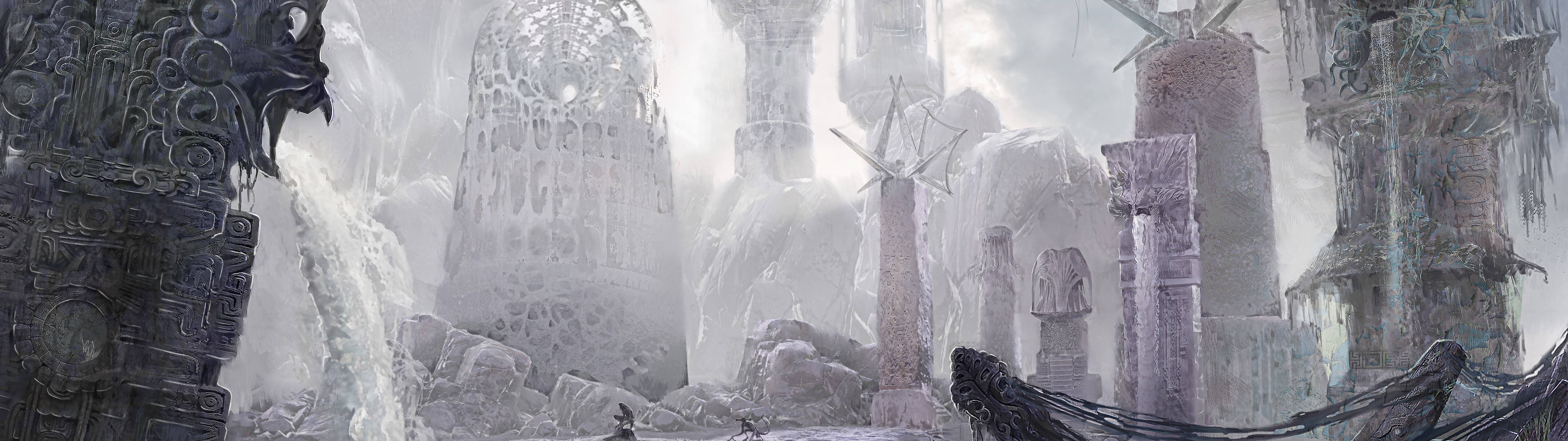 Детектив, стоящий среди разрушающихся, зловещих руин под мрачным небом, — сцена, вдохновлённая атмосферой игры «Шерлок Холмс: Пробуждение».