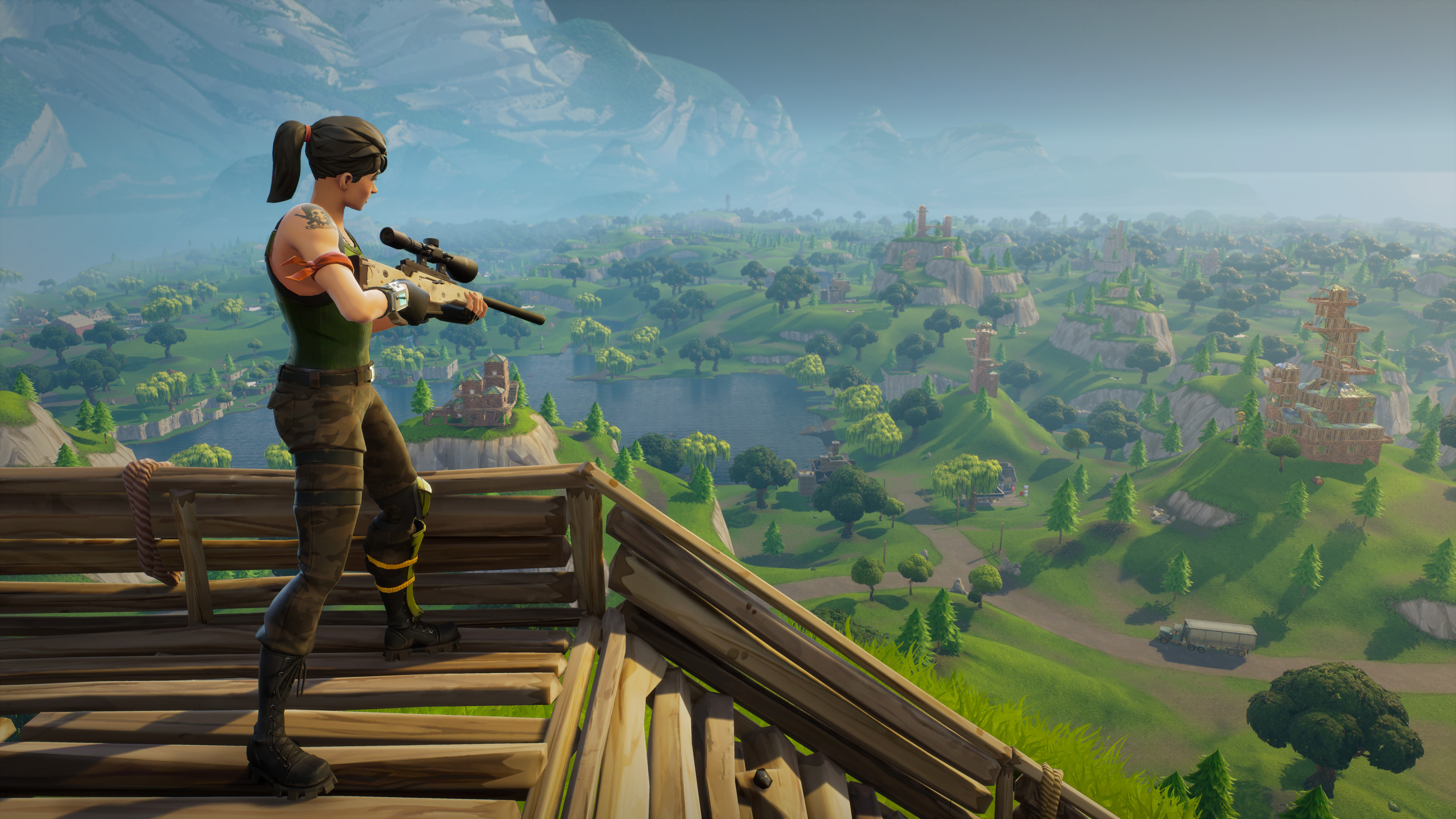 Стилизованный персонаж из игры Fortnite, готовый к бою в красочном окружении.