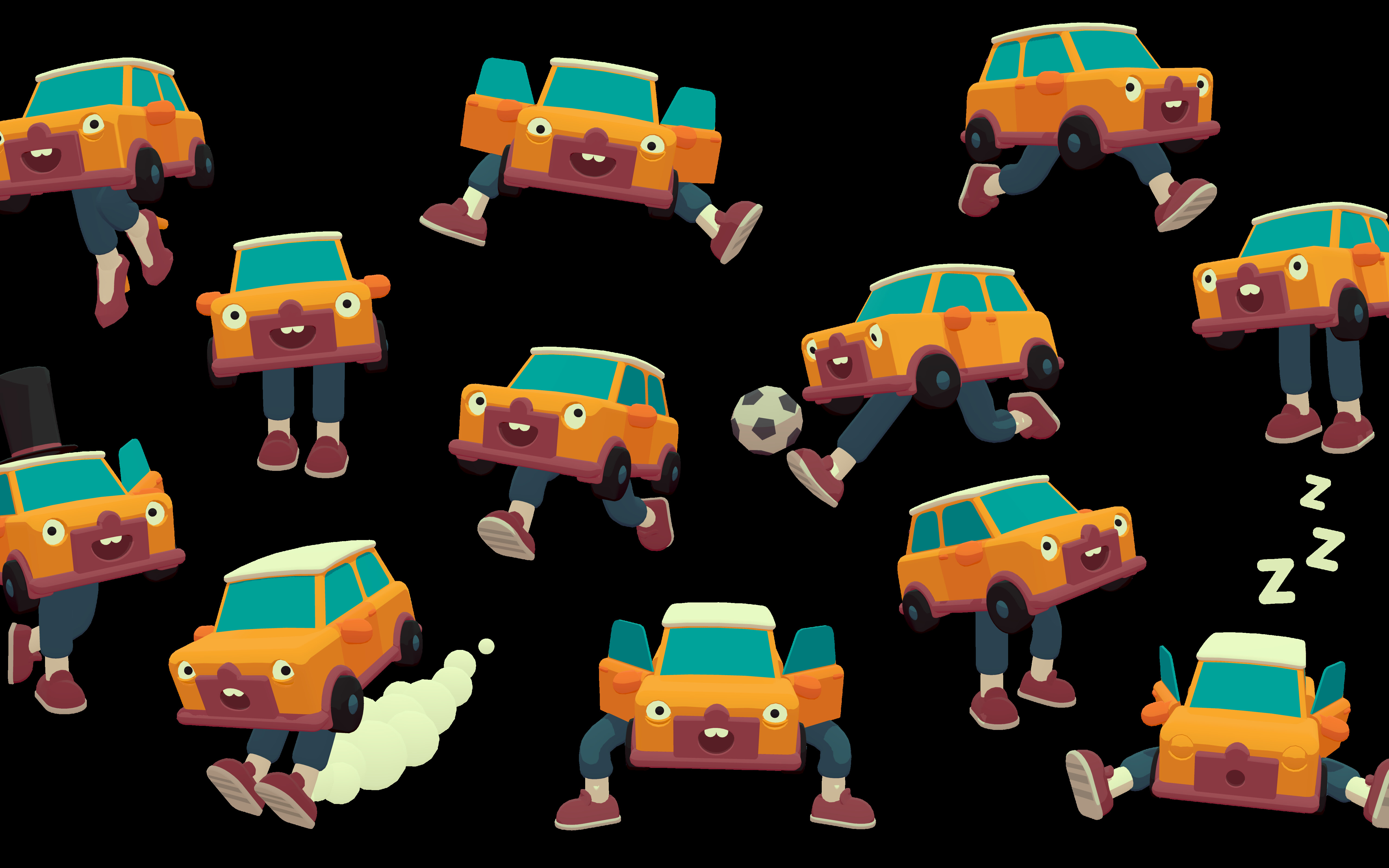 Яркий, стилизованный автомобиль, проезжающий по сложной полосе препятствий в видеоигре, основанной на принципах физики.