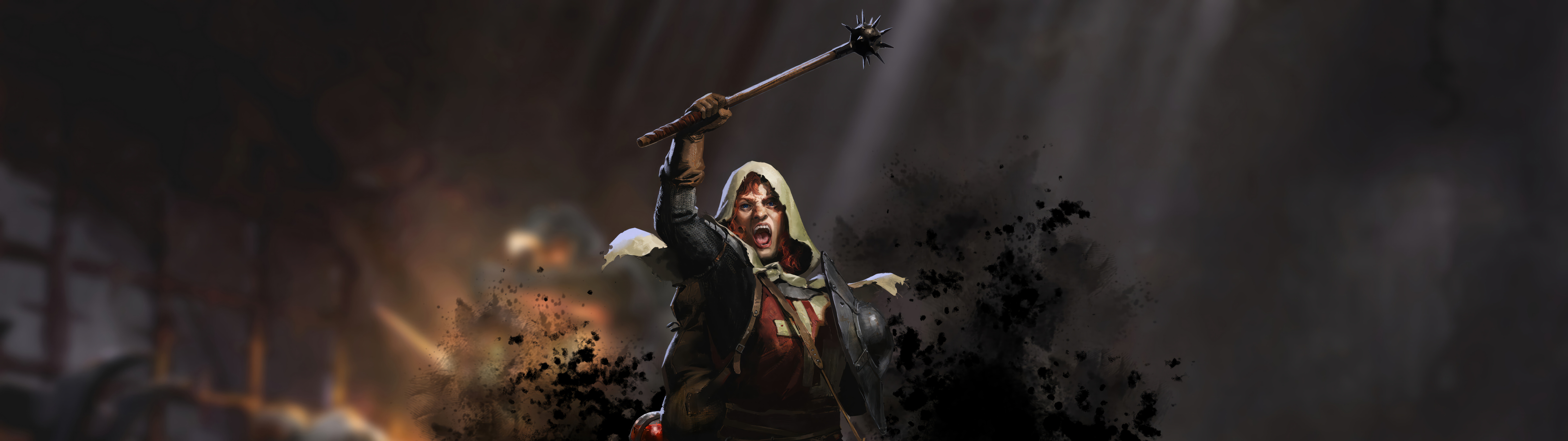 Мрачный персонаж в стиле фэнтези, облачённый в тяжёлые средневековые доспехи, стоит в полумрачном каменном коридоре подземелья. Образ вдохновлён игрой Dark and Darker.