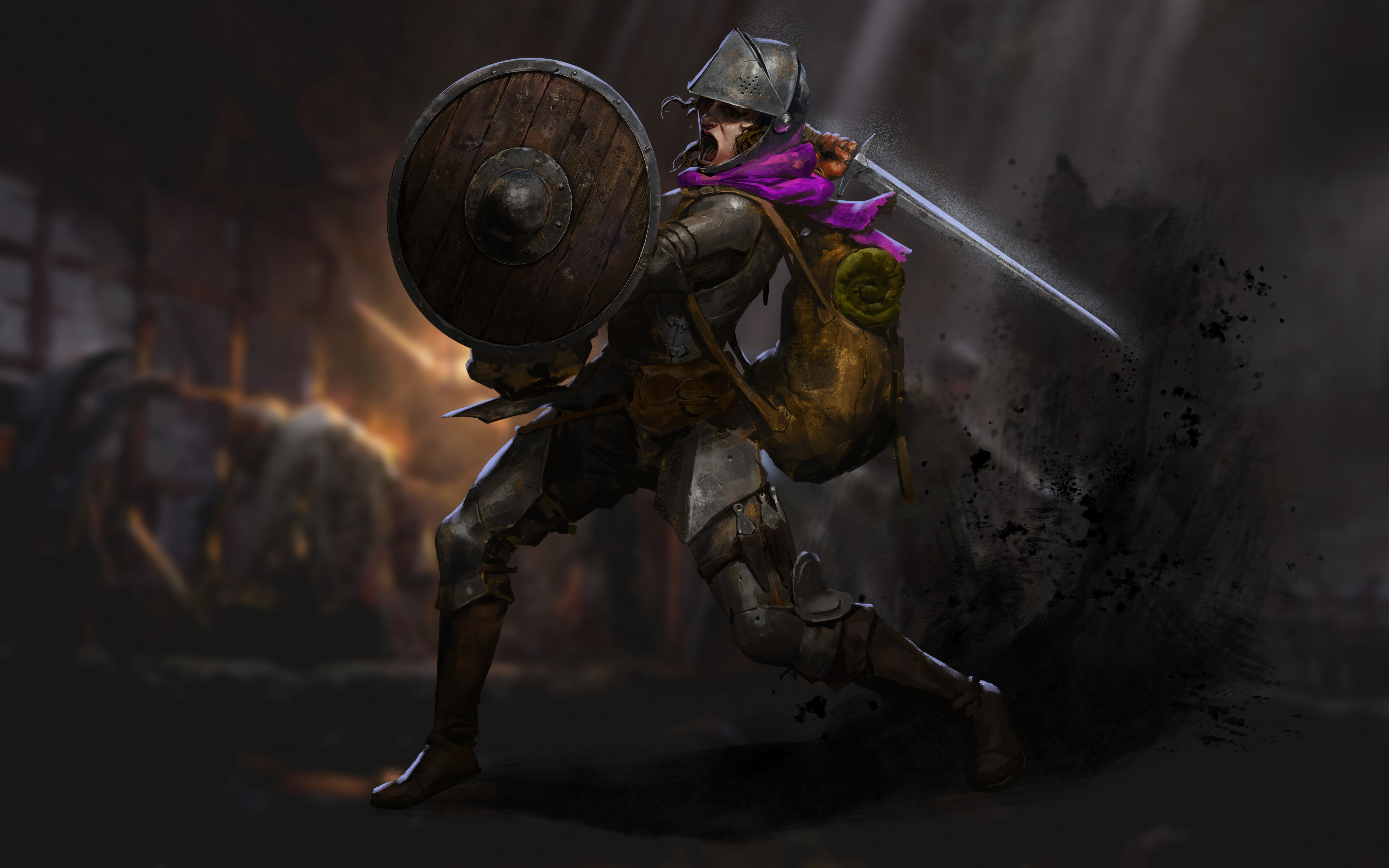 Мощно вооружённый герой-фэнтези, исследующий тёмный каменный коридор подземелья, с фонарём в руке, — сцена, вдохновлённая играми Dark and Darker.