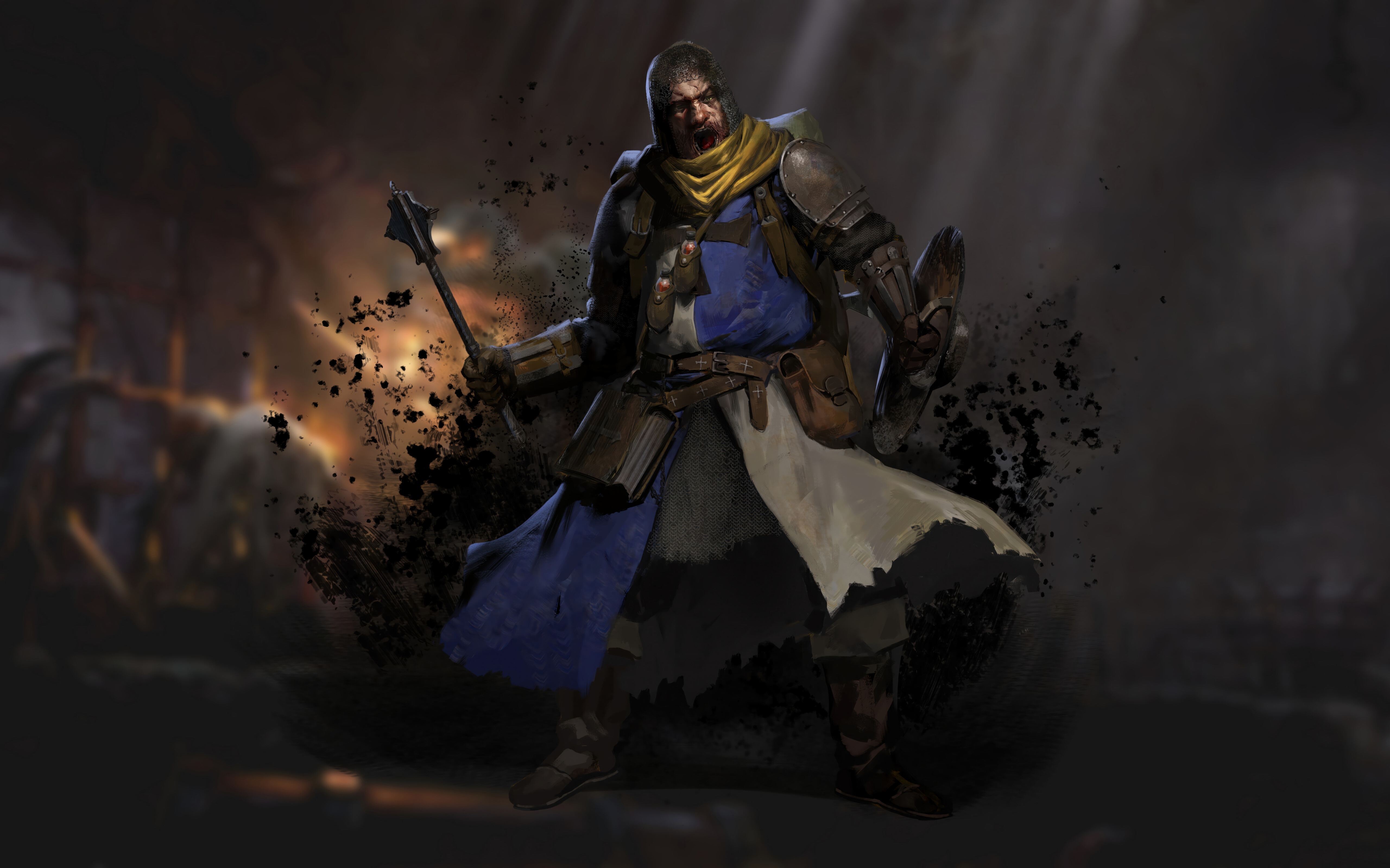 Мрачный фантастический персонаж, окутанный тенями, в декорациях средневекового подземелья.