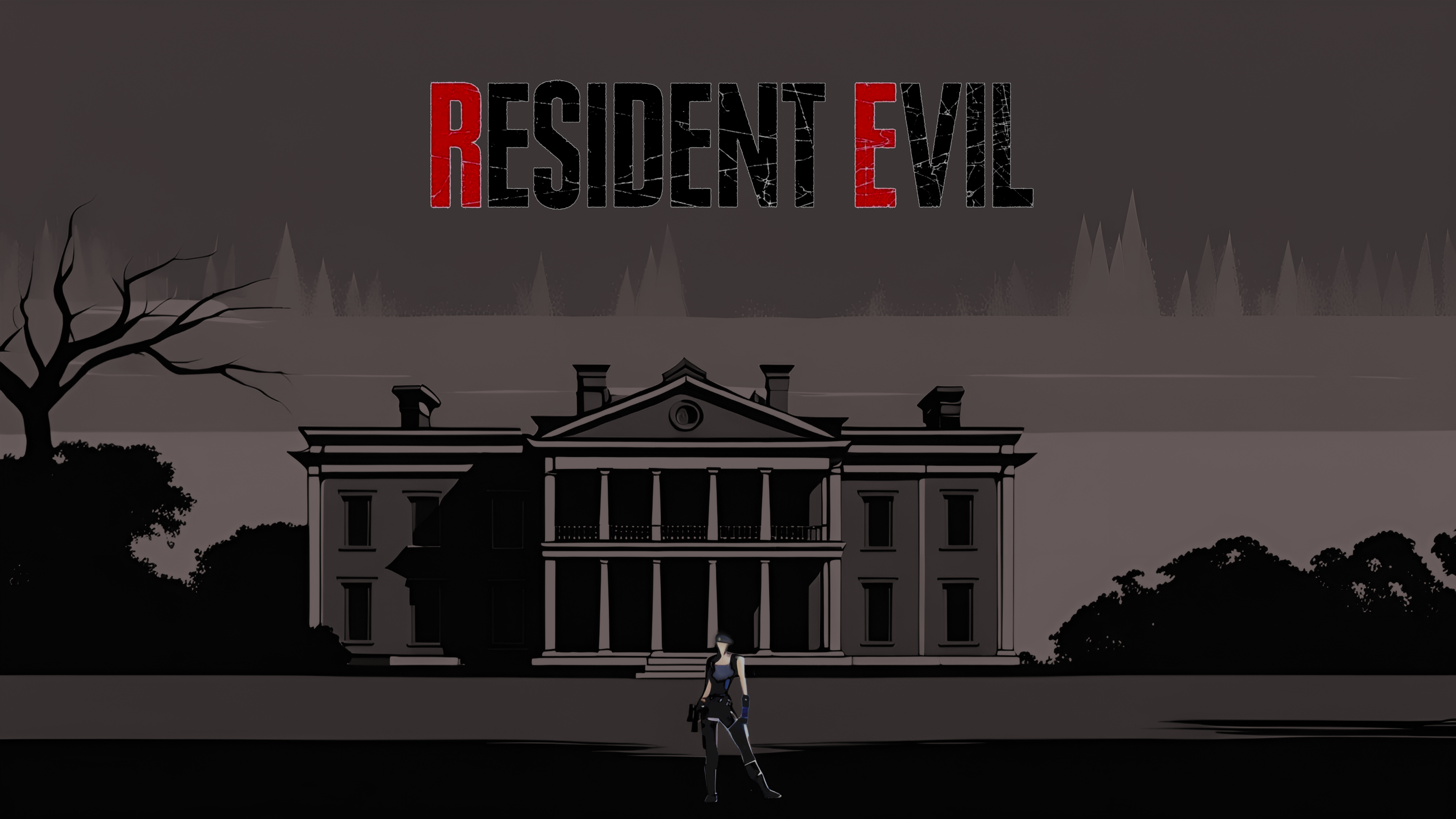 Джилл Валентайн из серии игр «Resident Evil» сражается с зомби в тёмном, мрачном коридоре особняка.