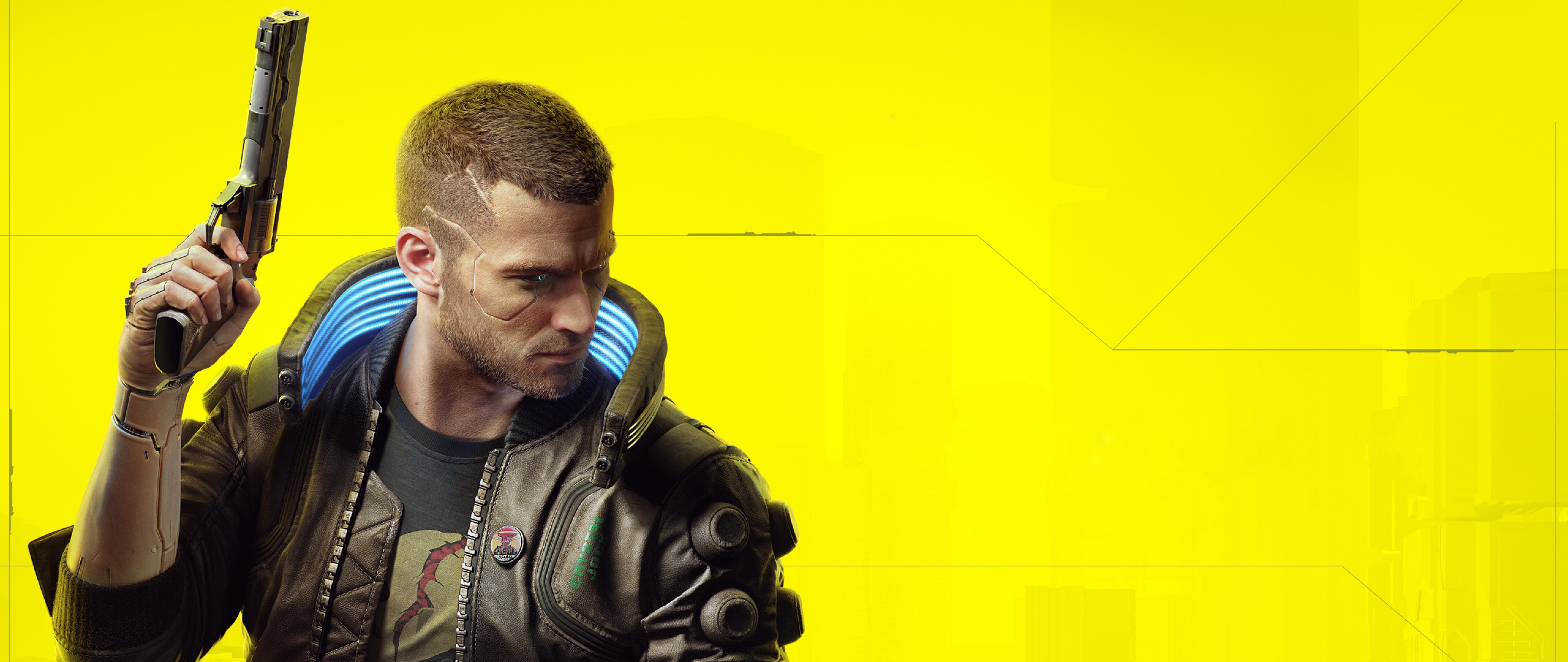 Футуристический персонаж с светящимися синими кибернетическими имплантатами, стоящий в мрачном, залитом дождем киберпанковском городском пейзаже.