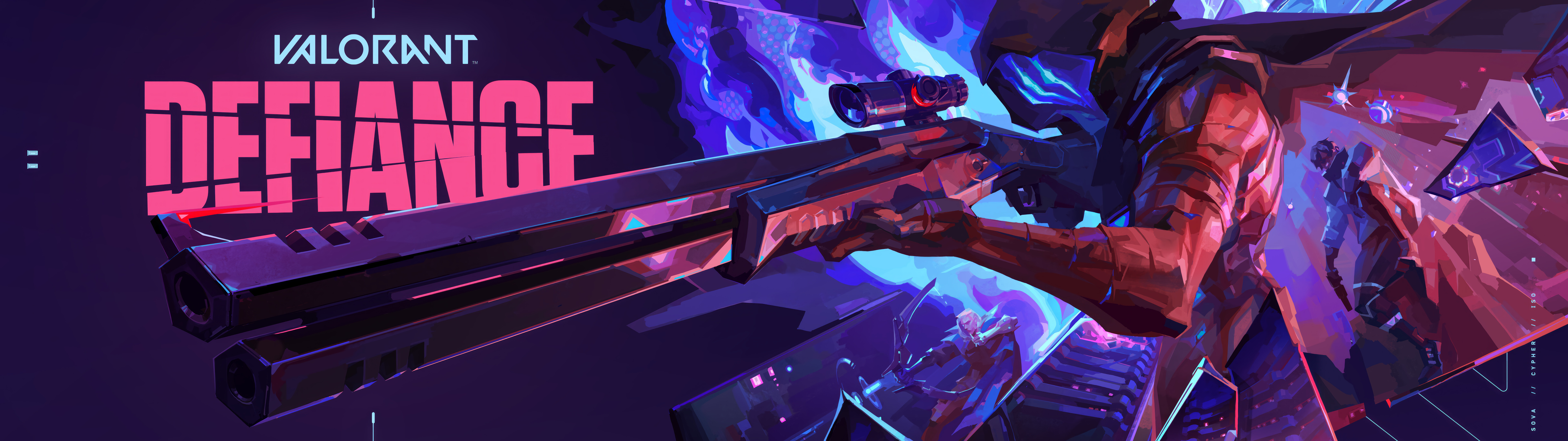 Яркий и мрачный портрет персонажа Омен из игры Valorant, на котором изображен его узнаваемый силуэт в капюшоне и светящиеся глаза на фоне клубящихся теней.