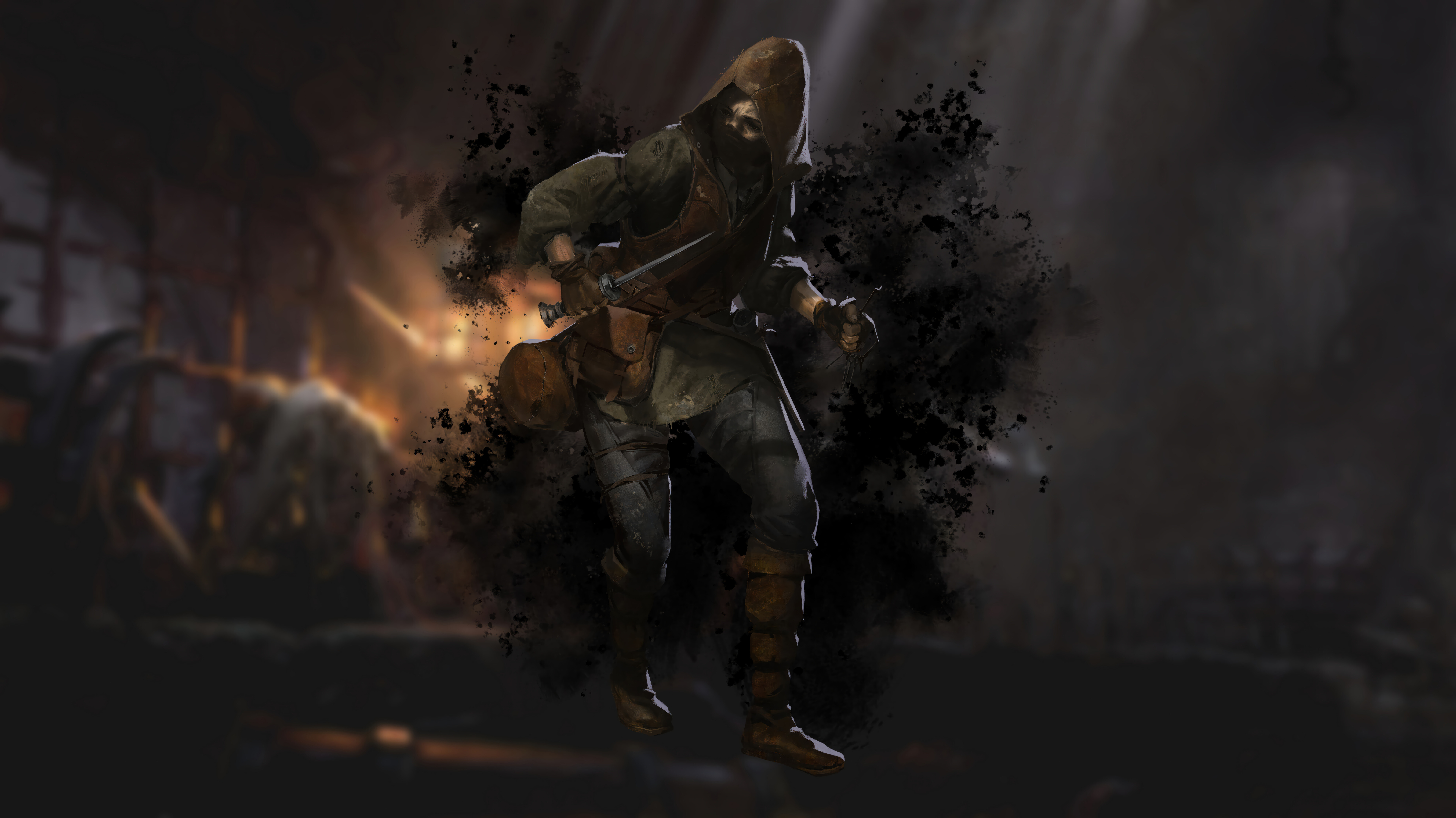 Тяжеловооружённый средневековый воин исследует тёмный каменный подземелье, освещённый факелами, — сцена вдохновлена игрой Dark and Darker.