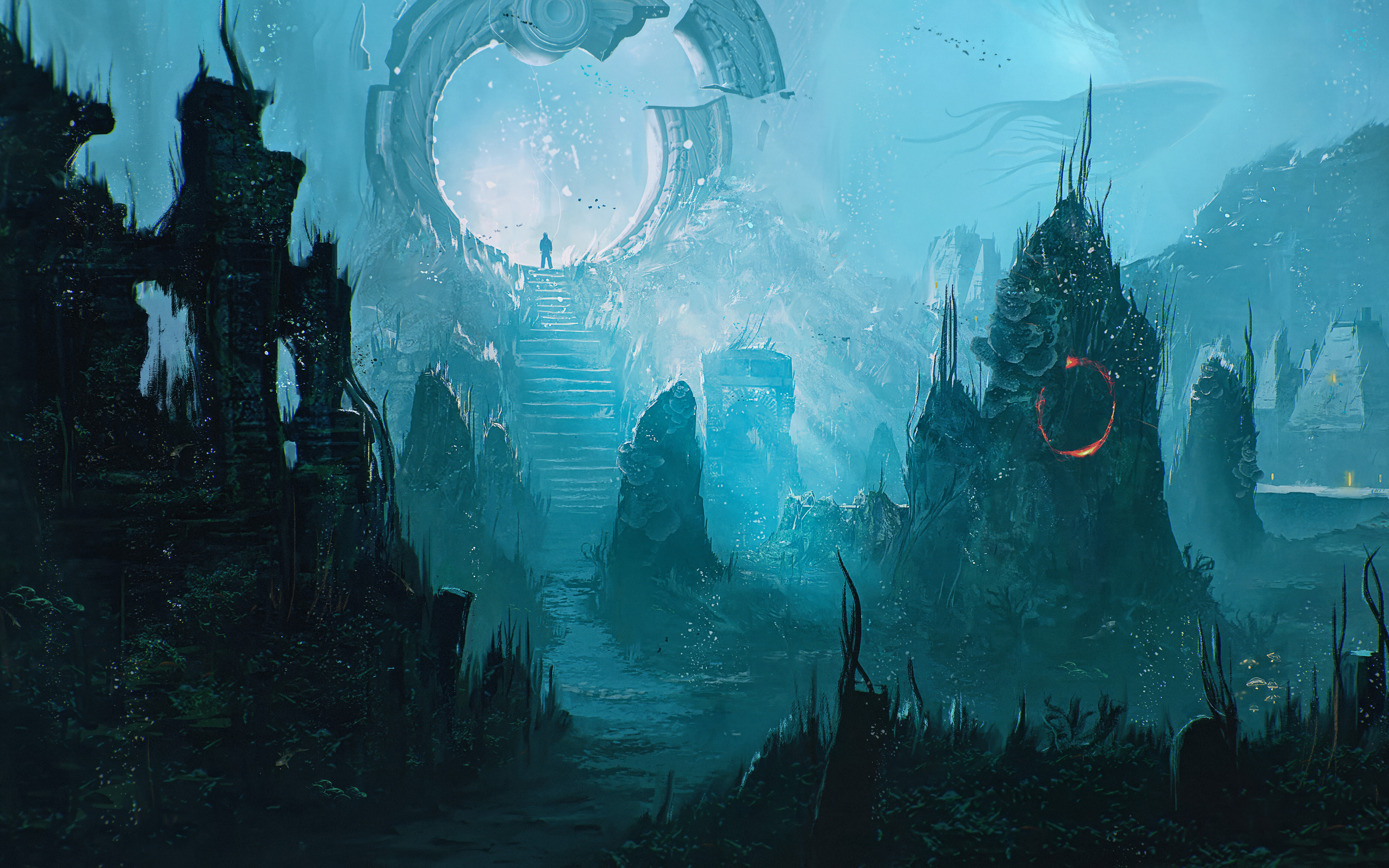 Глубоководный вид на древние, разрушающиеся каменные руины в тёмно-синей воде. Изображение вдохновлено компьютерной игрой «Шерлок Холмс: Пробуждение».