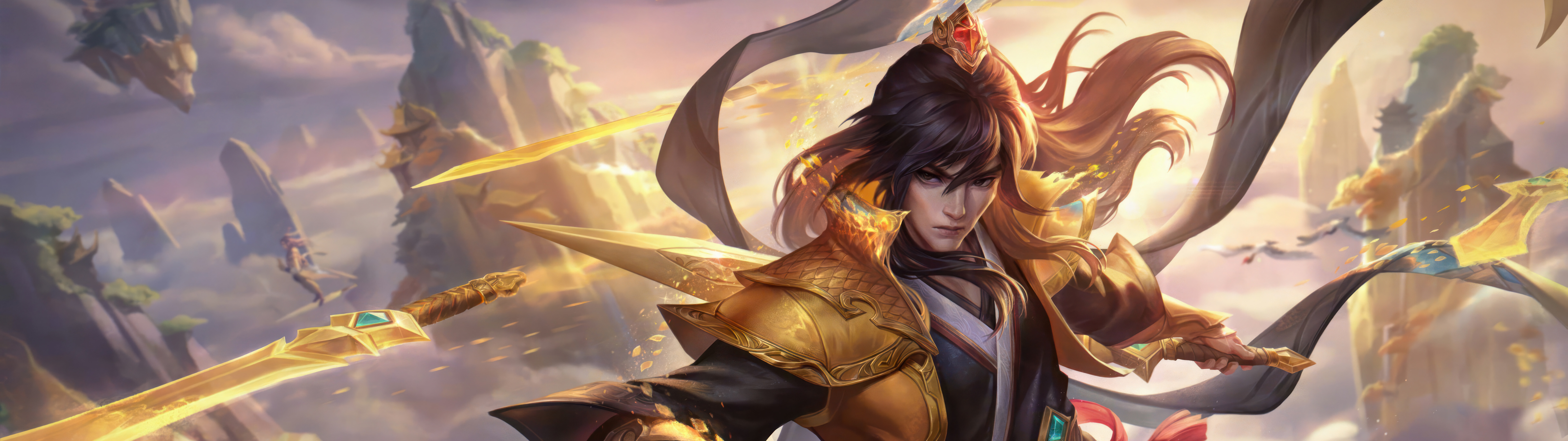 Талон из игры League of Legends позирует со своими фирменными клинками на фоне мрачной и драматичной обстановки.