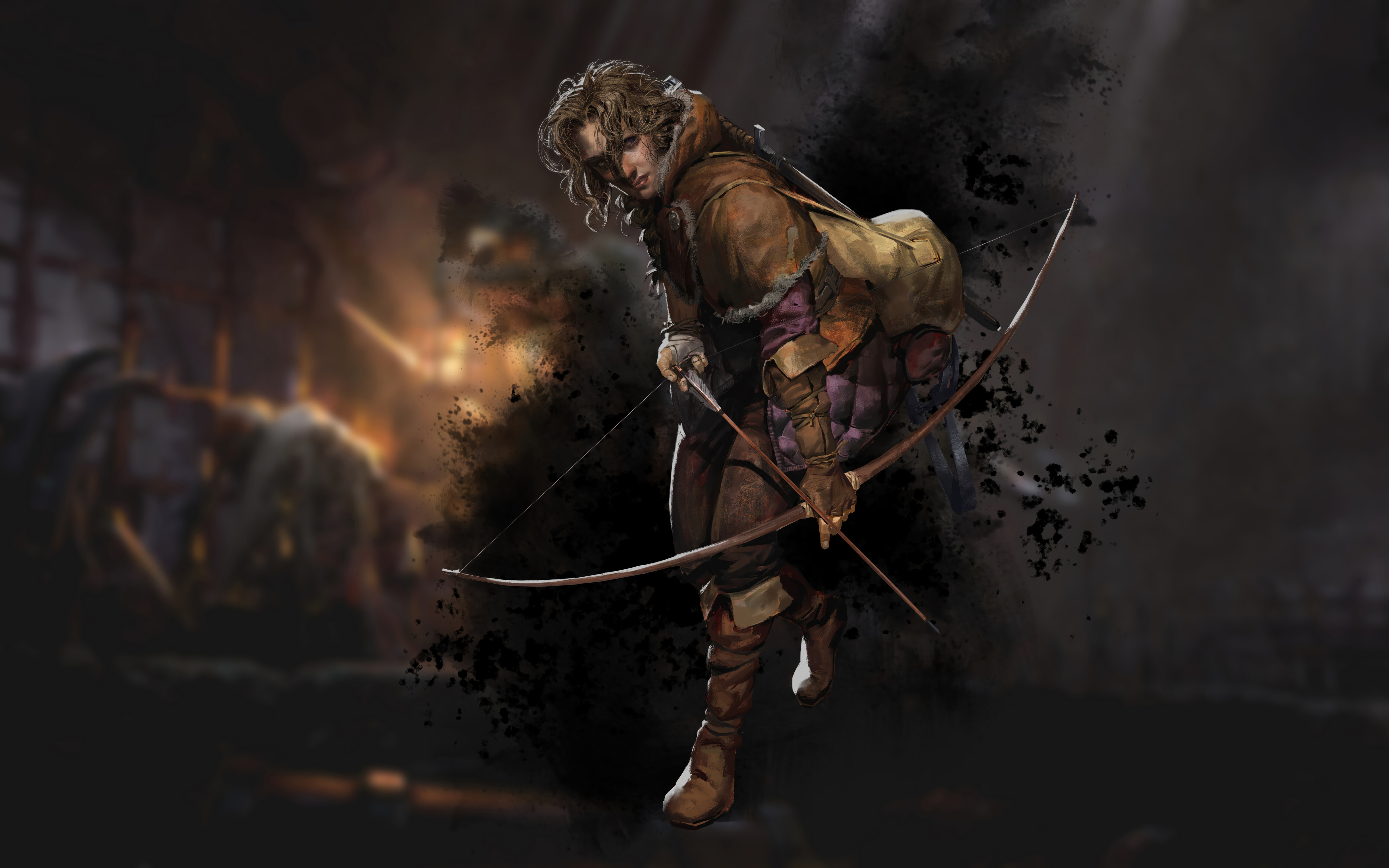 В полумраке каменного средневекового подземелья стоит закутанный в капюшон разбойник с оружием.