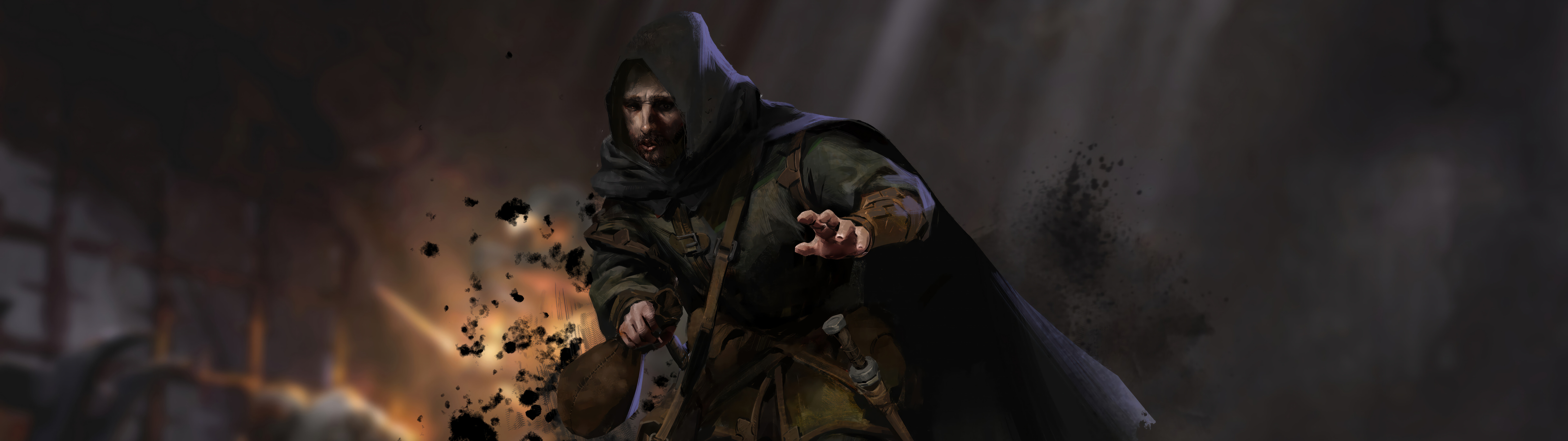 Суровый воин в тяжелых доспехах стоит в темном коридоре подземелья, освещенном факелами, – сцена из игры Dark and Darker.