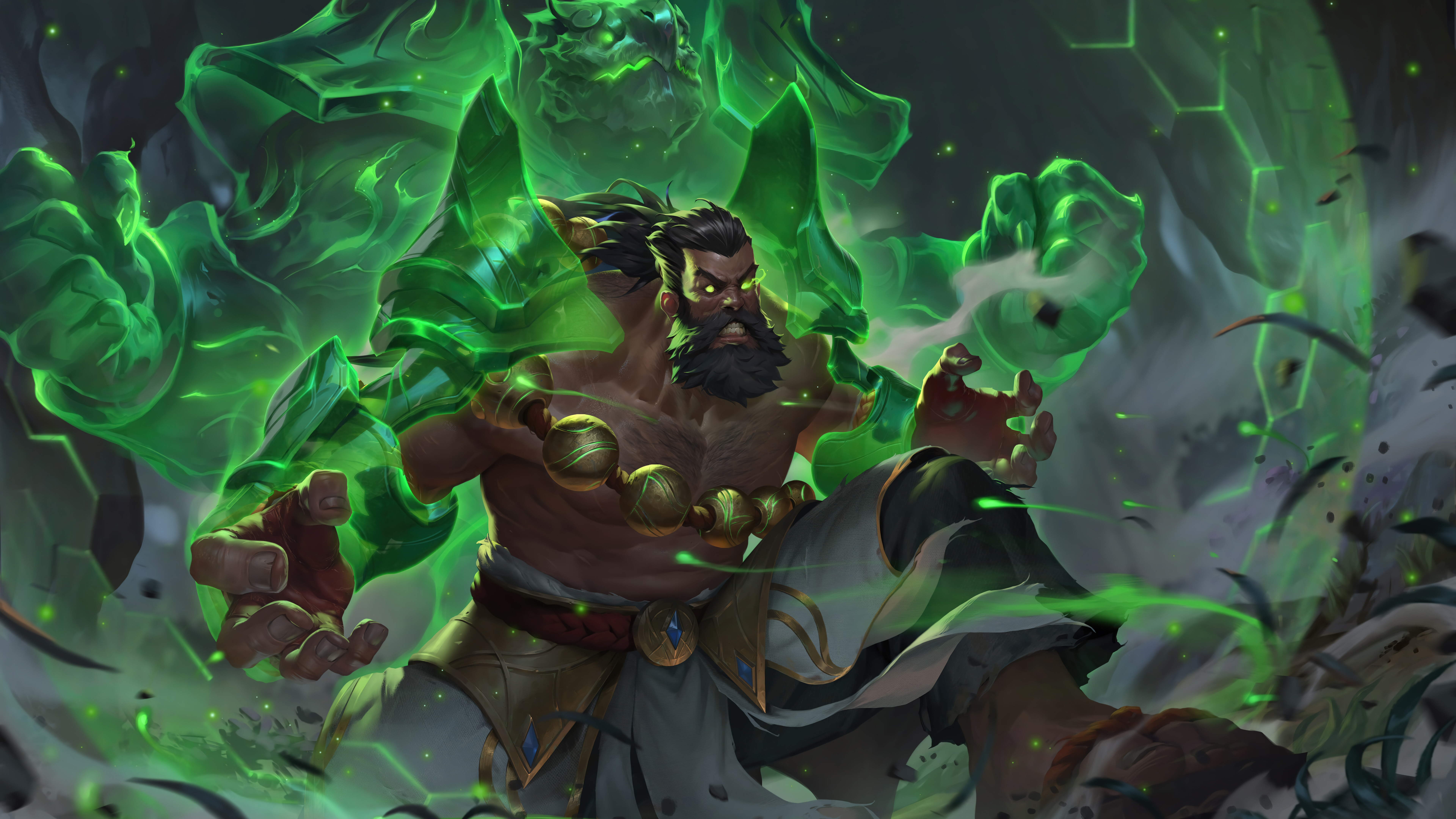 Удир, Духовный Странник из League of Legends, в первобытной и могущественной позе.