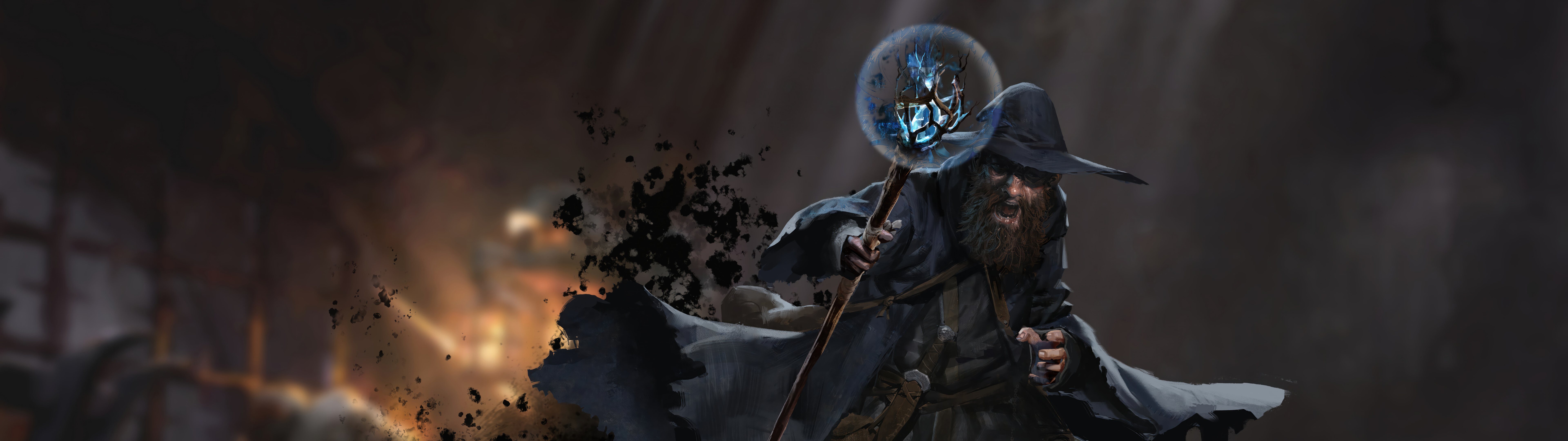 Мрачный фэнтезийный маг из игры Dark and Darker, держащий в руках светящийся волшебный посох, на фоне тёмного и атмосферного подземелья.