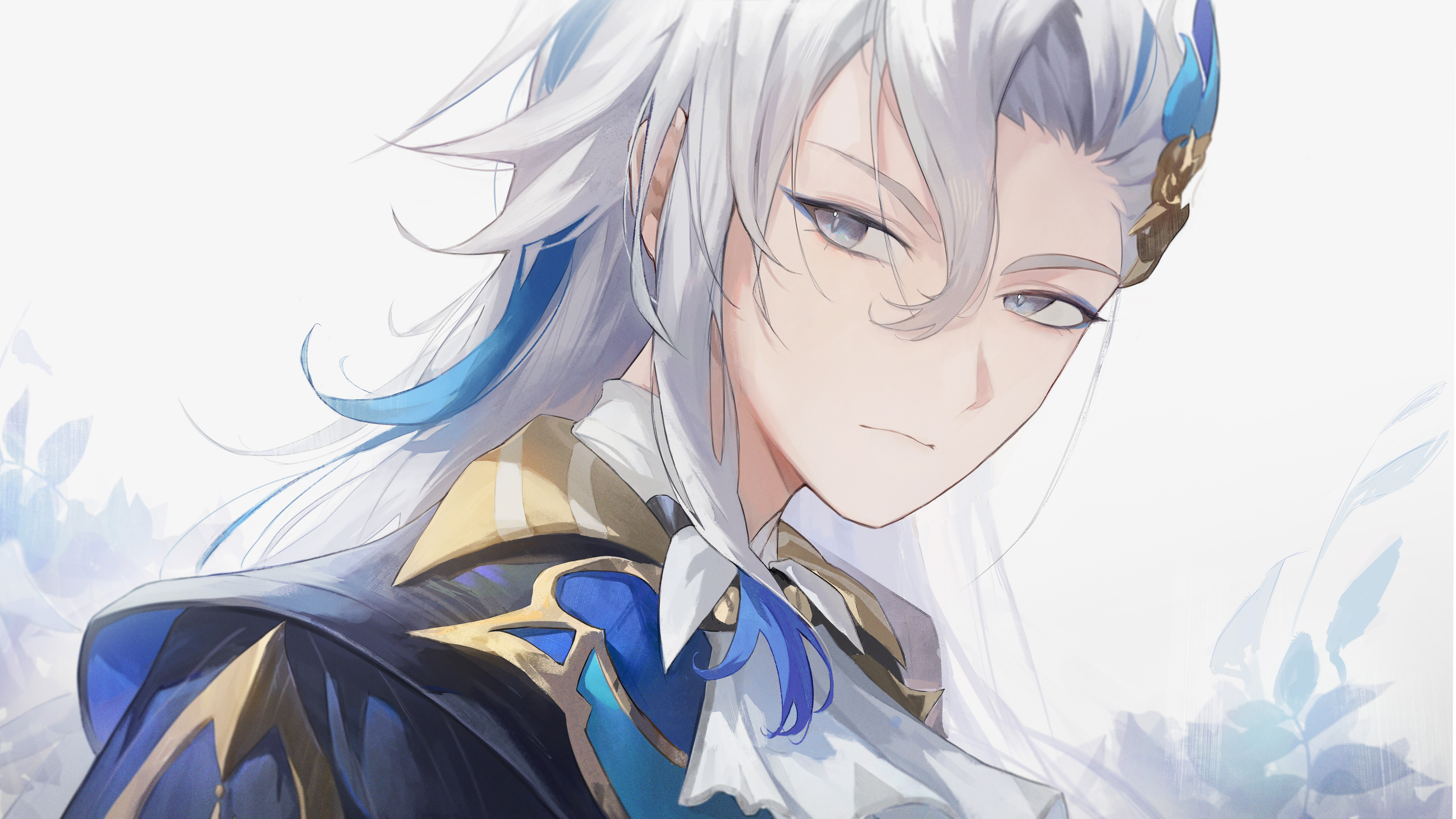 Превосходное изображение Нёвиллета из игры Genshin Impact, демонстрирующее его изысканный наряд и властный взгляд.