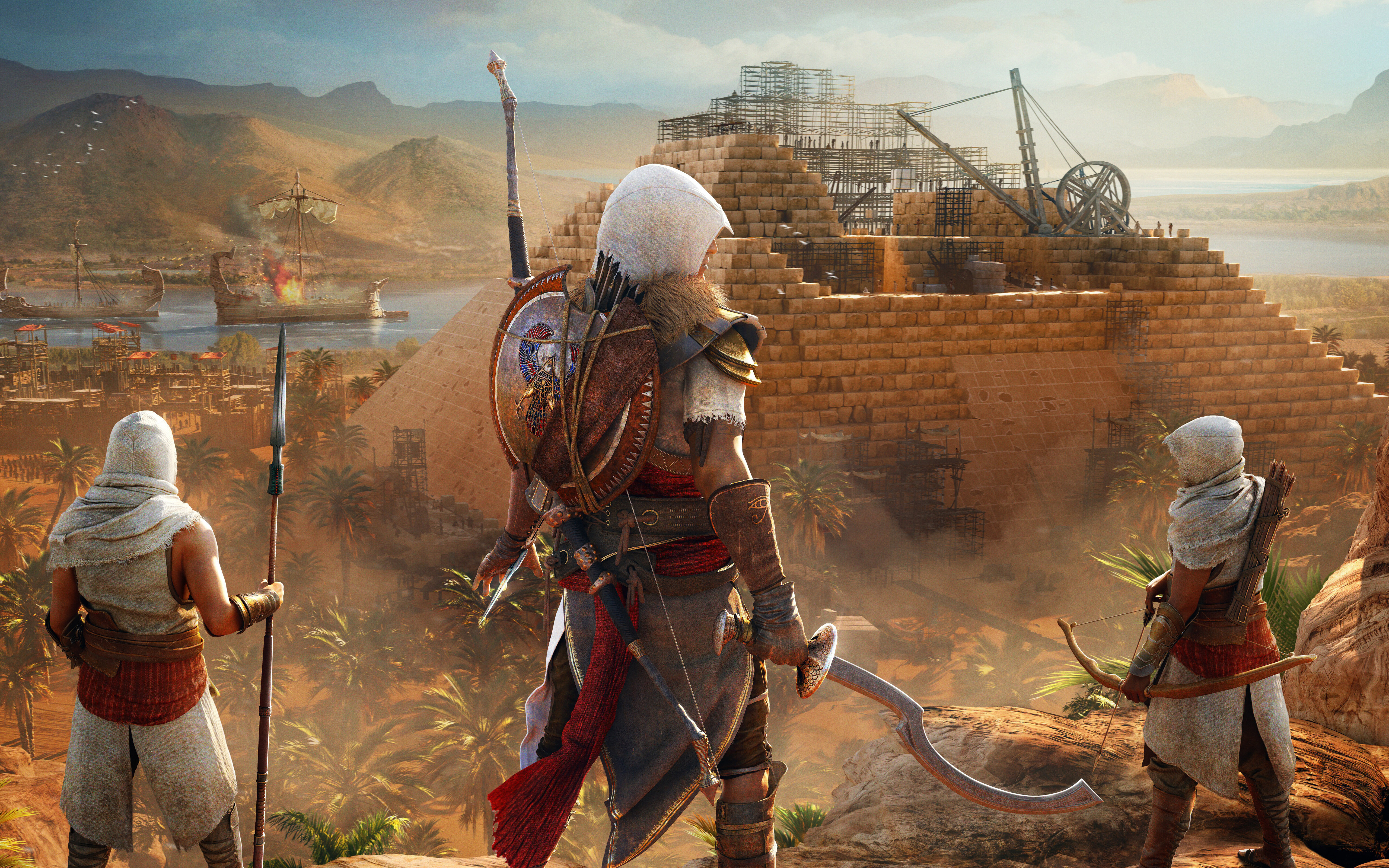 Баек из Сивы, персонаж игры Assassin's Creed Origins, запечатлен на фоне древнеегипетского пейзажа.