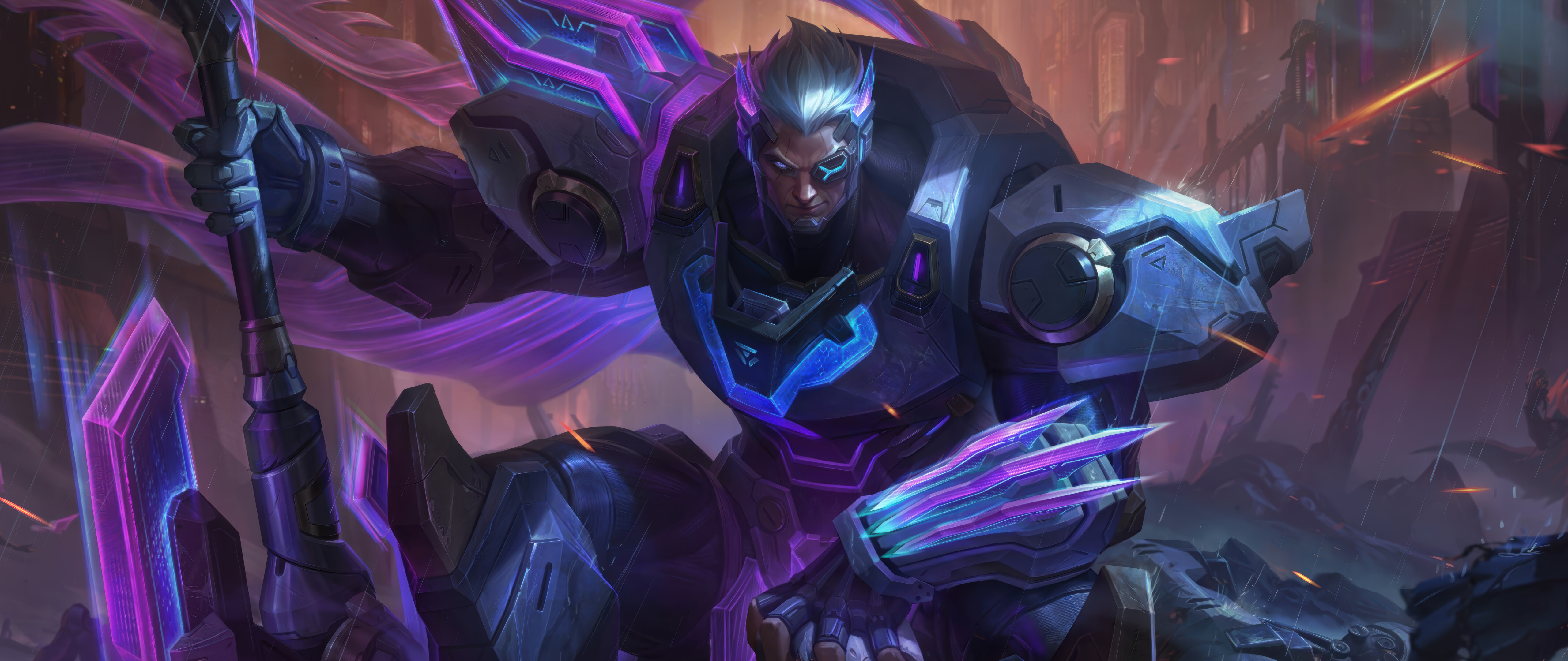 Подробное изображение персонажа Дариуса из игры League of Legends, облачённого в массивные ноксианские доспехи, на фоне зловещей атмосферы.