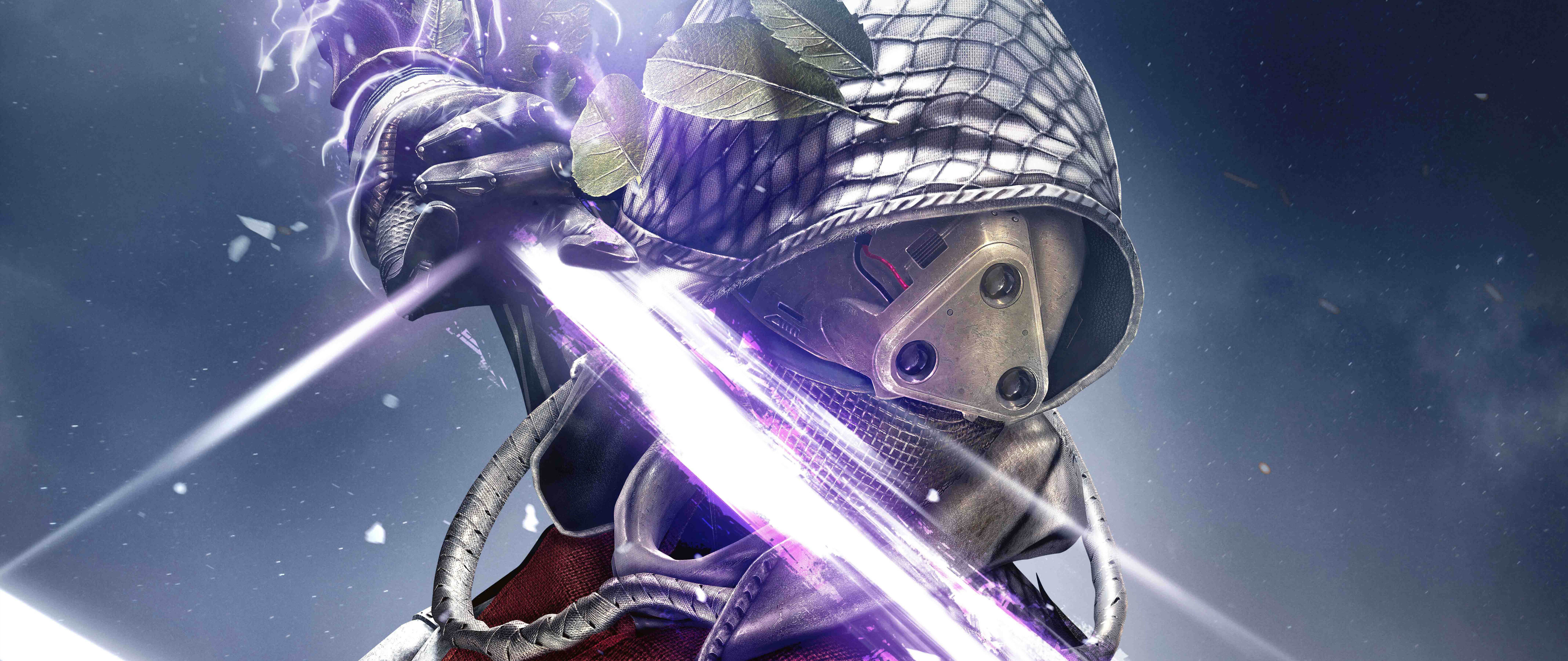 Детализированная научно-фантастическая фигура Стража из игры Destiny, облачённая в светящиеся бронированные пластины и шлем, на фоне звёзд и туманностей.