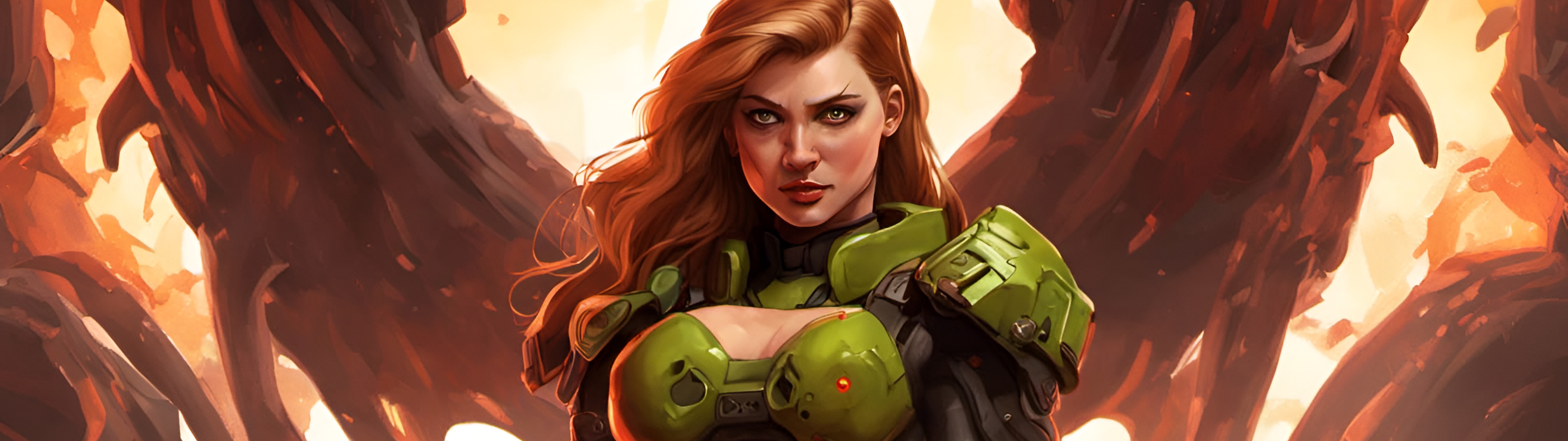 Воительница в тяжелых боевых доспехах, вооруженная крупнокалиберным огнестрельным оружием, сражается с демоном. Образ вдохновлен серией видеоигр DOOM.