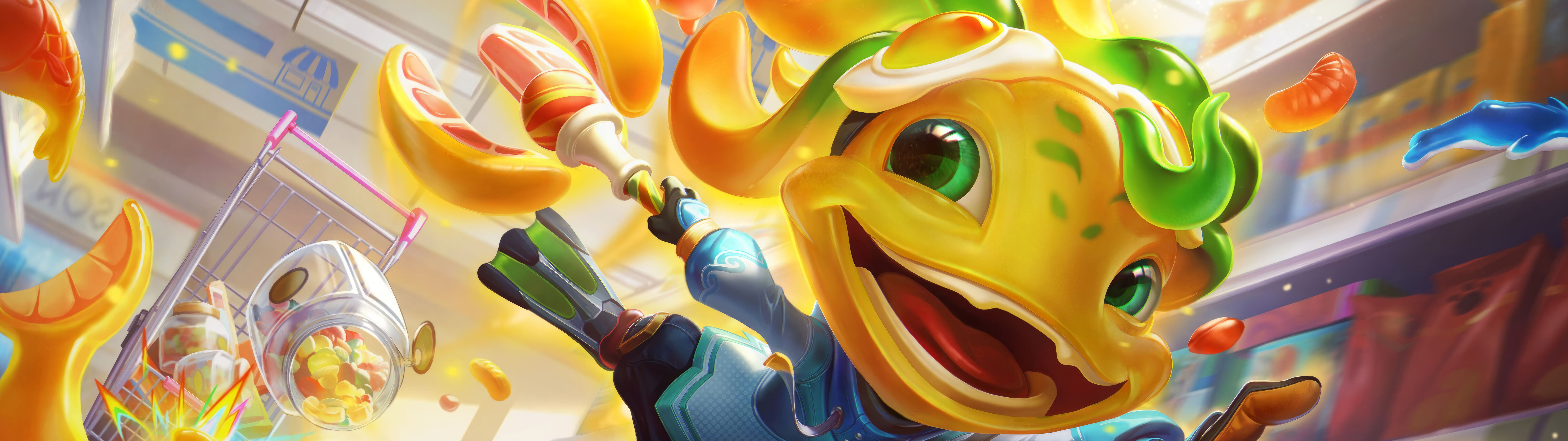 На красочном фоне подводного мира изображены Физз, чемпион из League of Legends и Wild Rift, и другие русалоподобные существа.