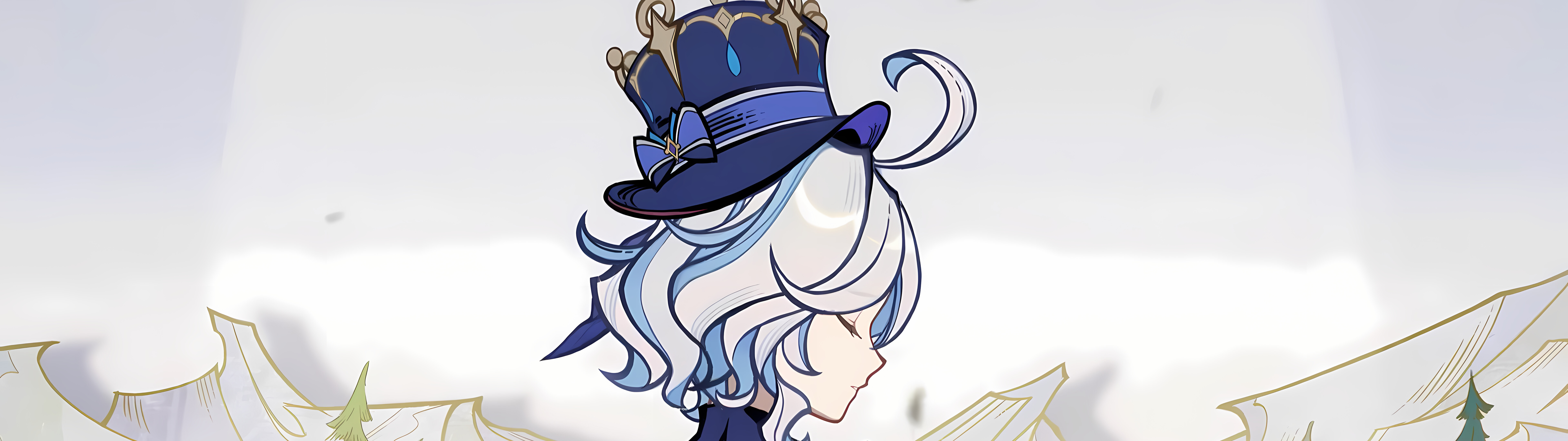 Прекрасное изображение Фурины из игры Genshin Impact, на котором показан её изысканный синий наряд и театральный облик.