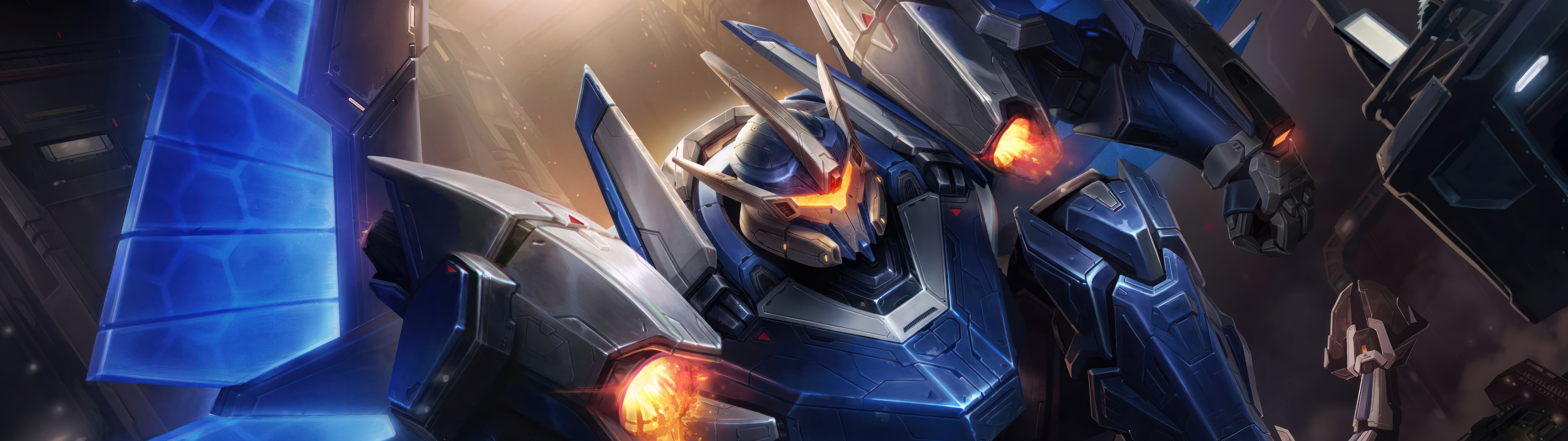 Огромный робот в стиле «меха», вдохновлённый персонажем Галио из игры League of Legends, с массивной металлической броней и светящимися энергетическими элементами.