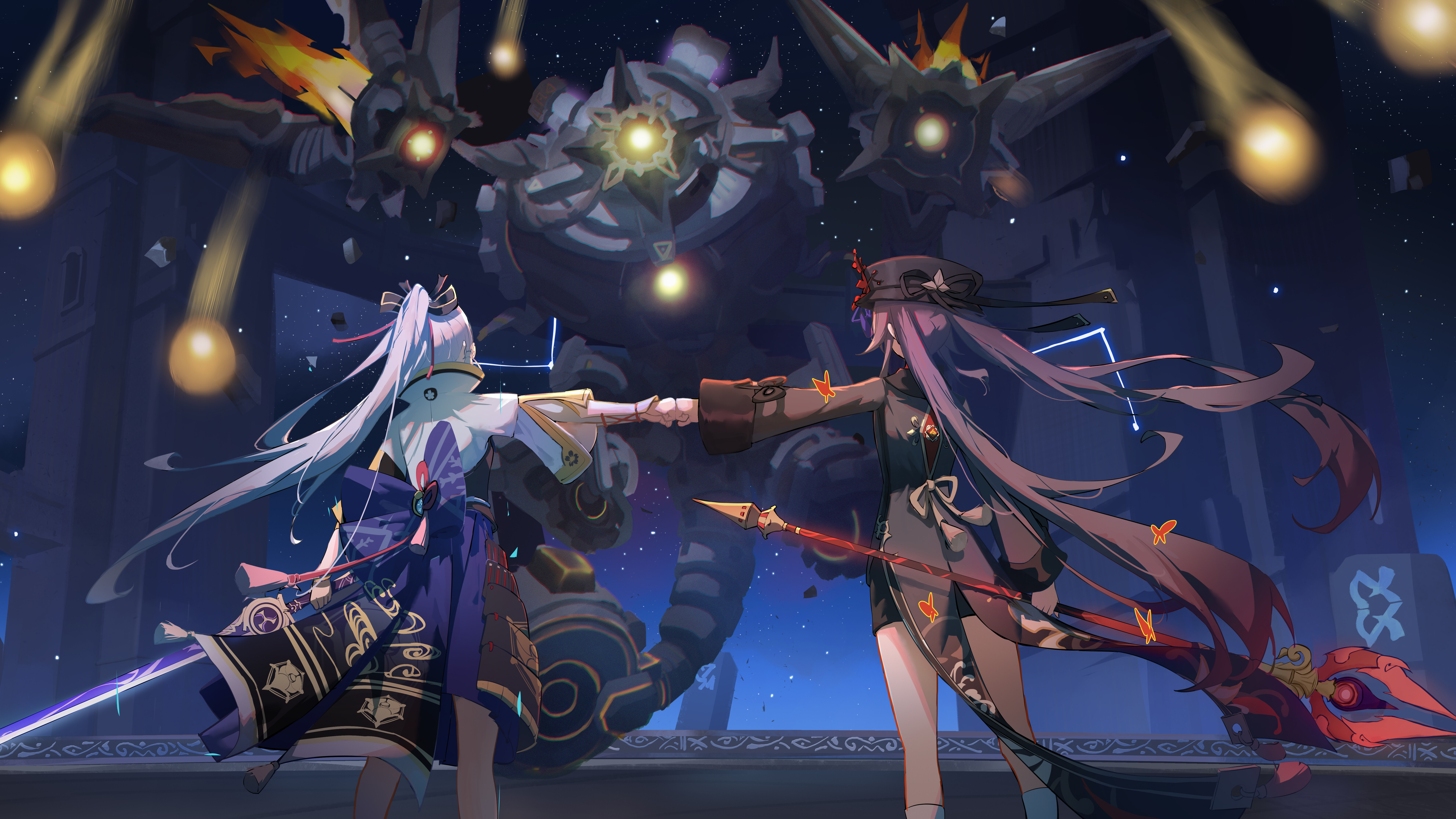 Художественное изображение Камисато Аяки и Ху Тао, персонажей из игры Genshin Impact.