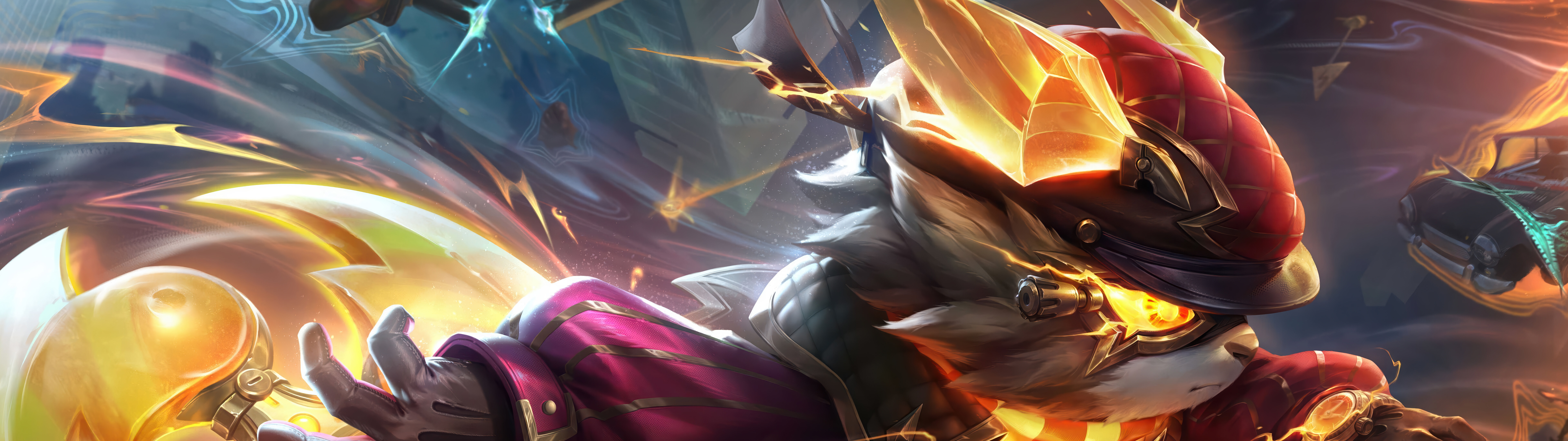 Динамичная иллюстрация персонажа Кеннен из игры League of Legends, изображающая его в окружении электрических искр и энергии.