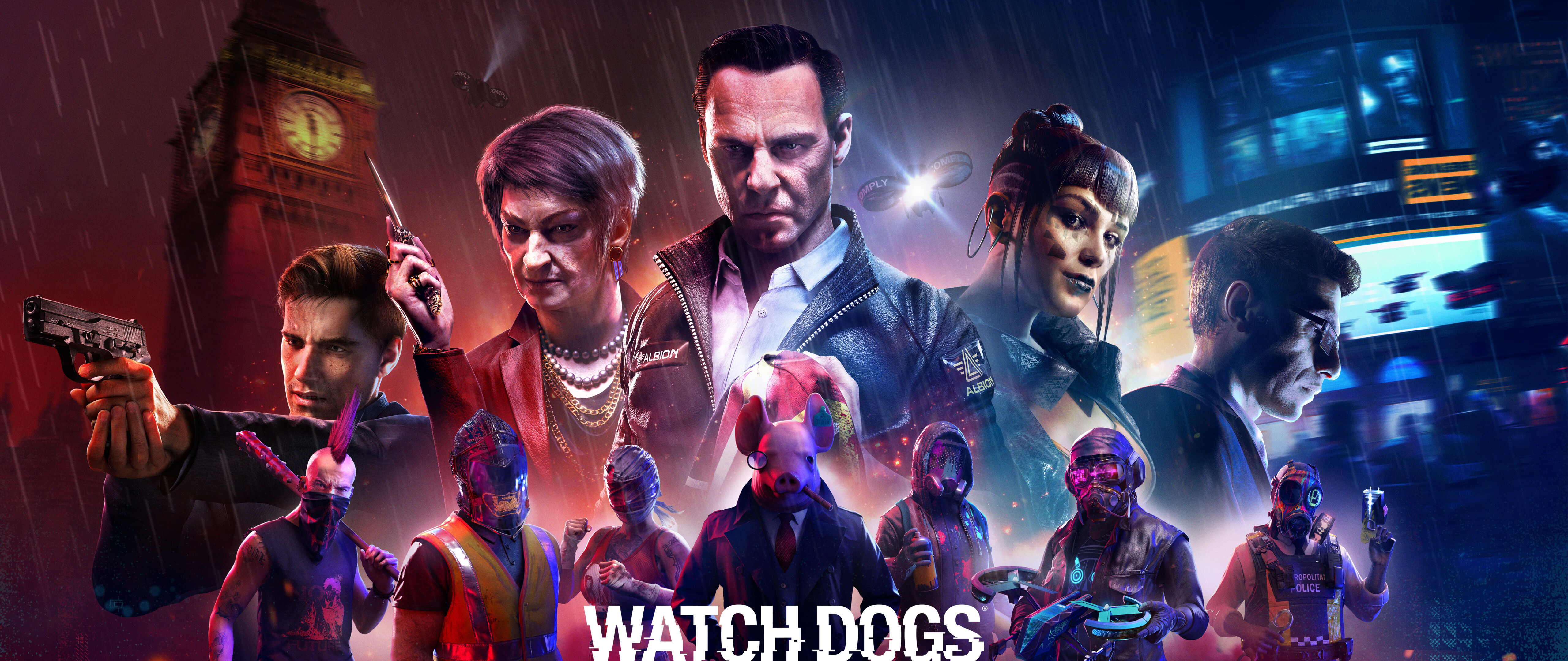 Персонаж из игры Watch Dogs: Legion, одетый в футуристическую технологичную одежду, стоит в тёмном, мокром от дождя лондонском переулке.