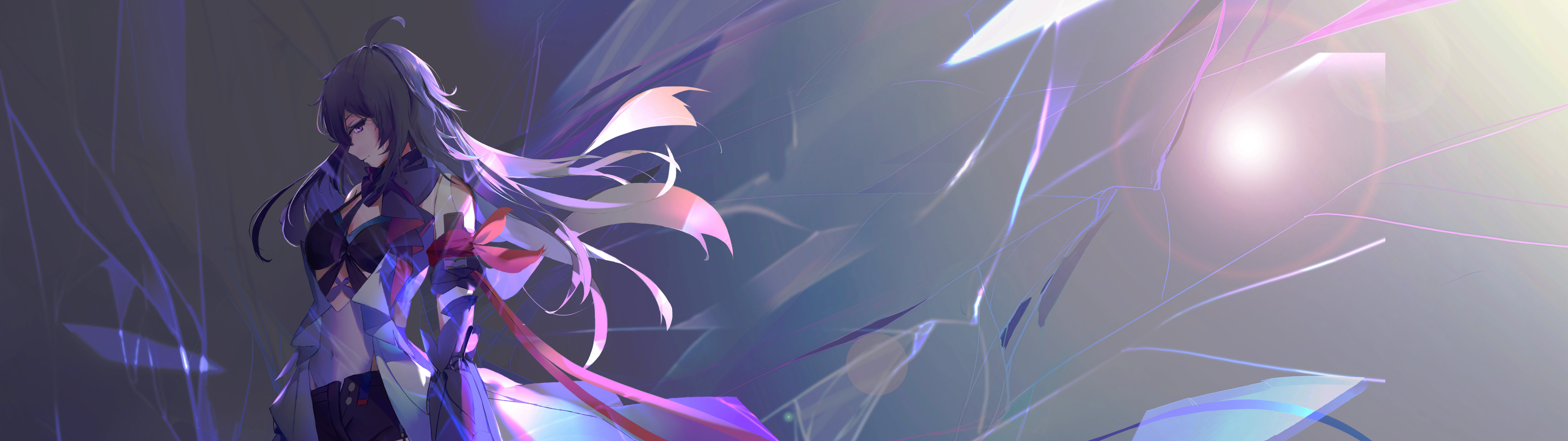 Кинематографичный портрет Зеле Воллерей из игры Honkai: Star Rail, на котором изображены её фирменные фиолетовые волосы и мрачная, атмосферная подсветка.